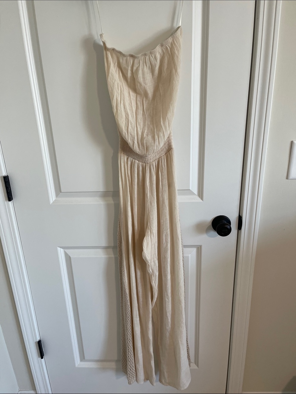 Women's Cream tube top jumpsuit swim cover up. Crochet knit sides